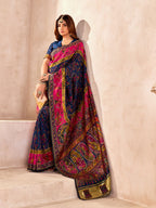 Radiant Navy Blue Nylon Dola Pashmina Saree With Luminous Blouse Piece