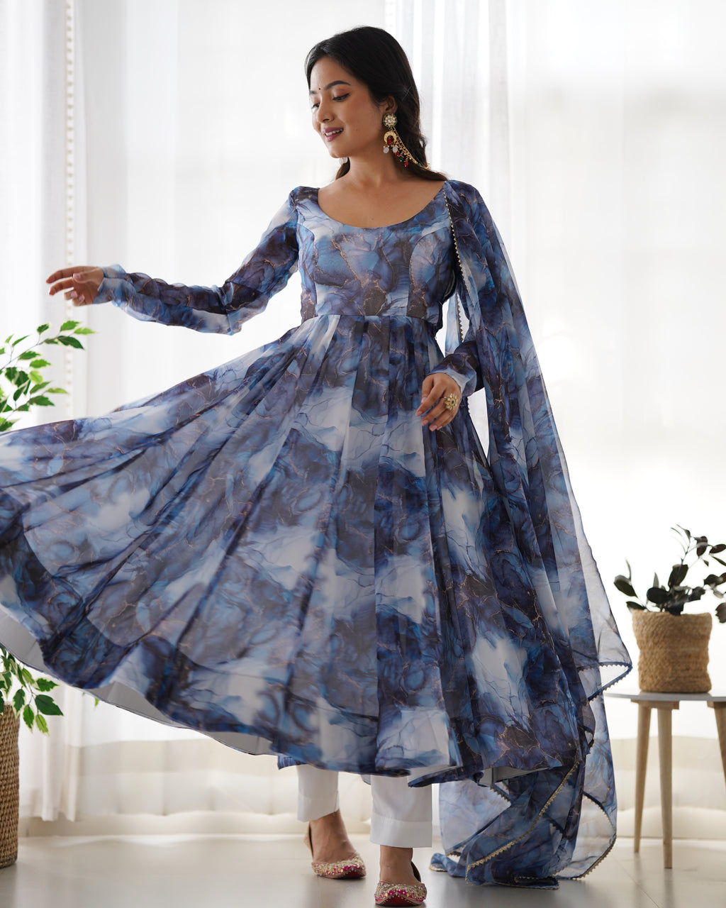 Digitally Printed Pure Organza Silk Marble Print Design Comes With Duppatta & Pant - NAVY
