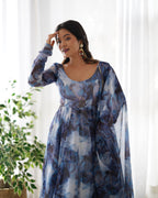 Digitally Printed Pure Organza Silk Marble Print Design Comes With Duppatta & Pant - NAVY
