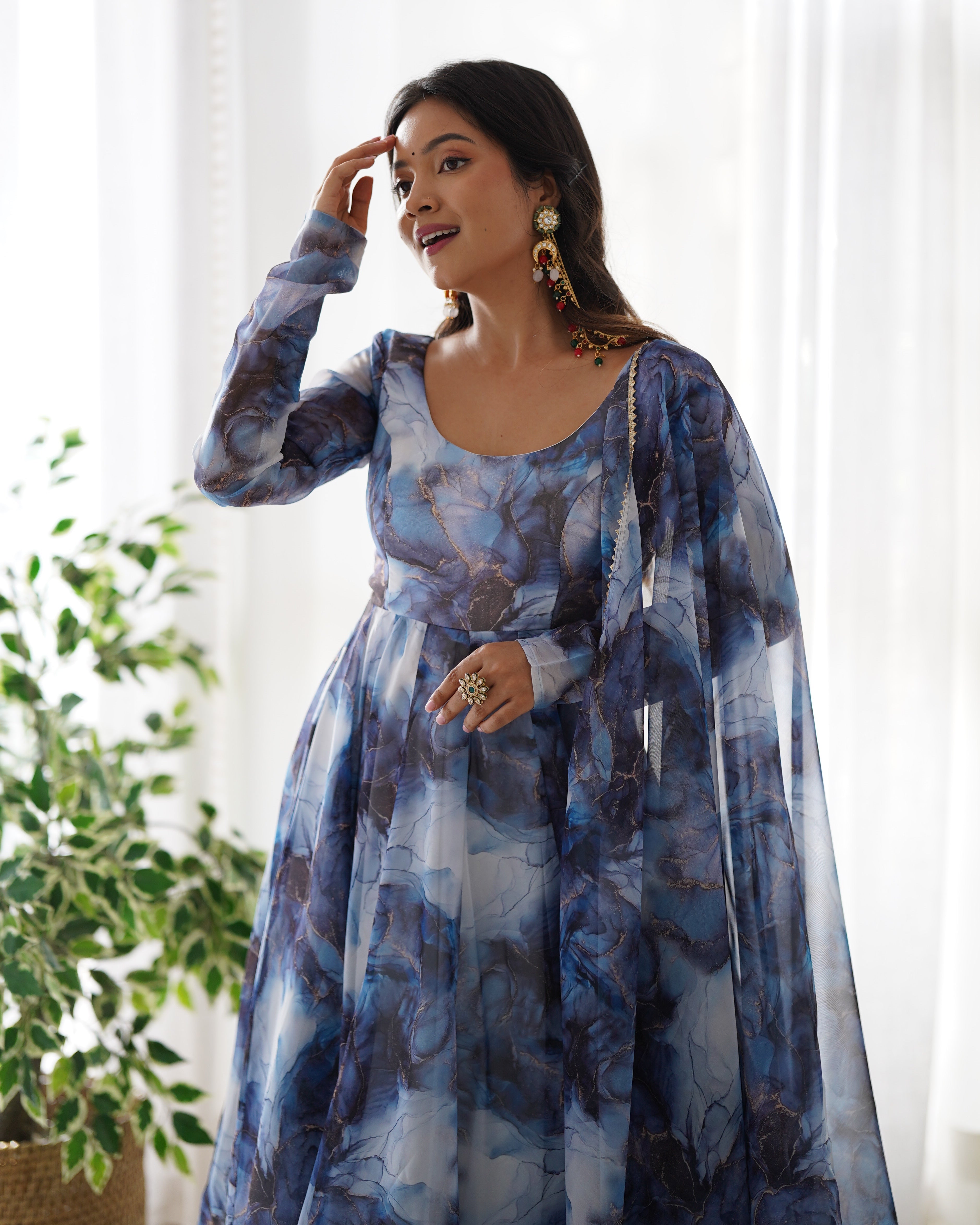 Digitally Printed Pure Organza Silk Marble Print Design Comes With Duppatta & Pant - NAVY
