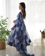 Digitally Printed Pure Organza Silk Marble Print Design Comes With Duppatta & Pant - NAVY
