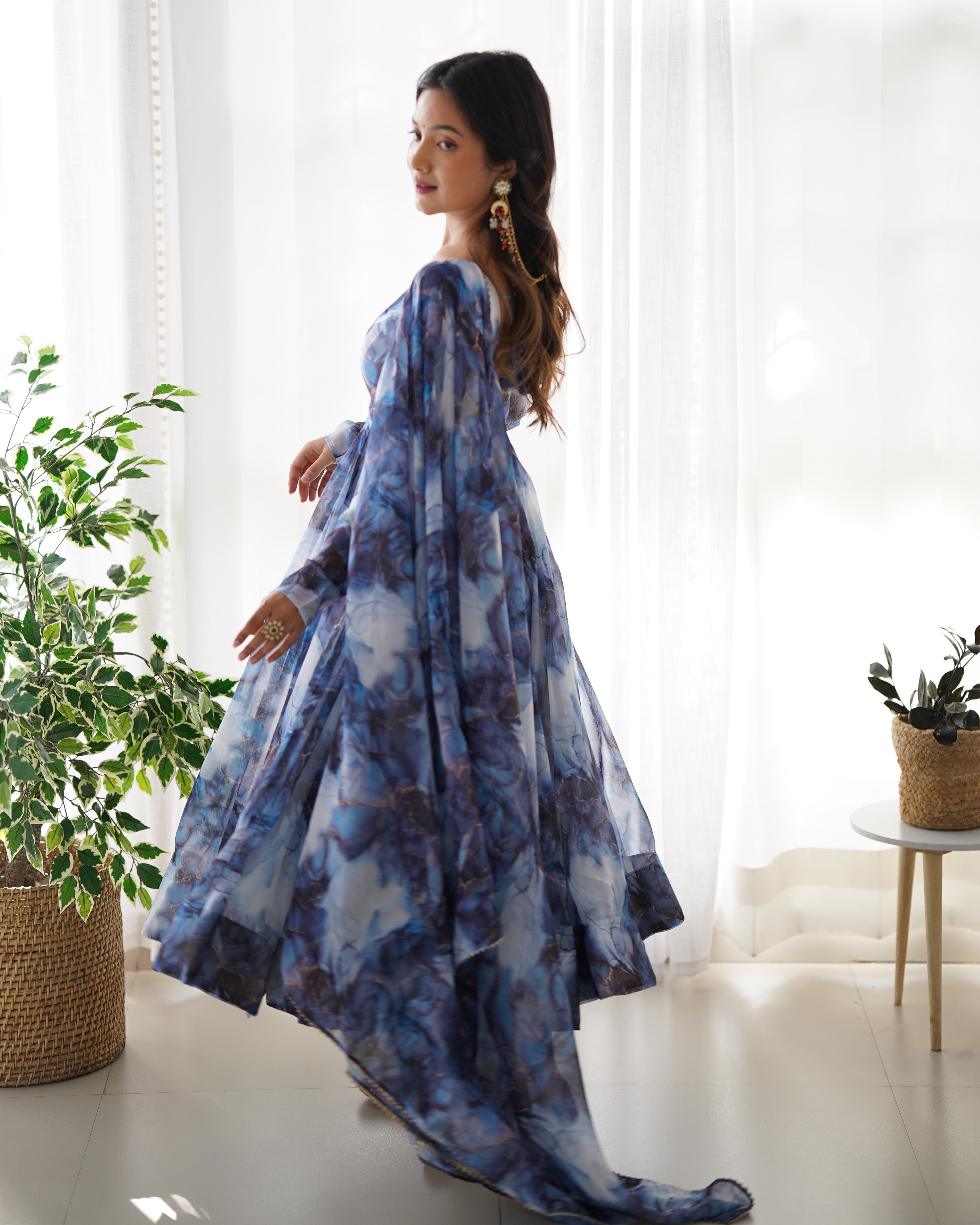 Digitally Printed Pure Organza Silk Marble Print Design Comes With Duppatta & Pant - NAVY
