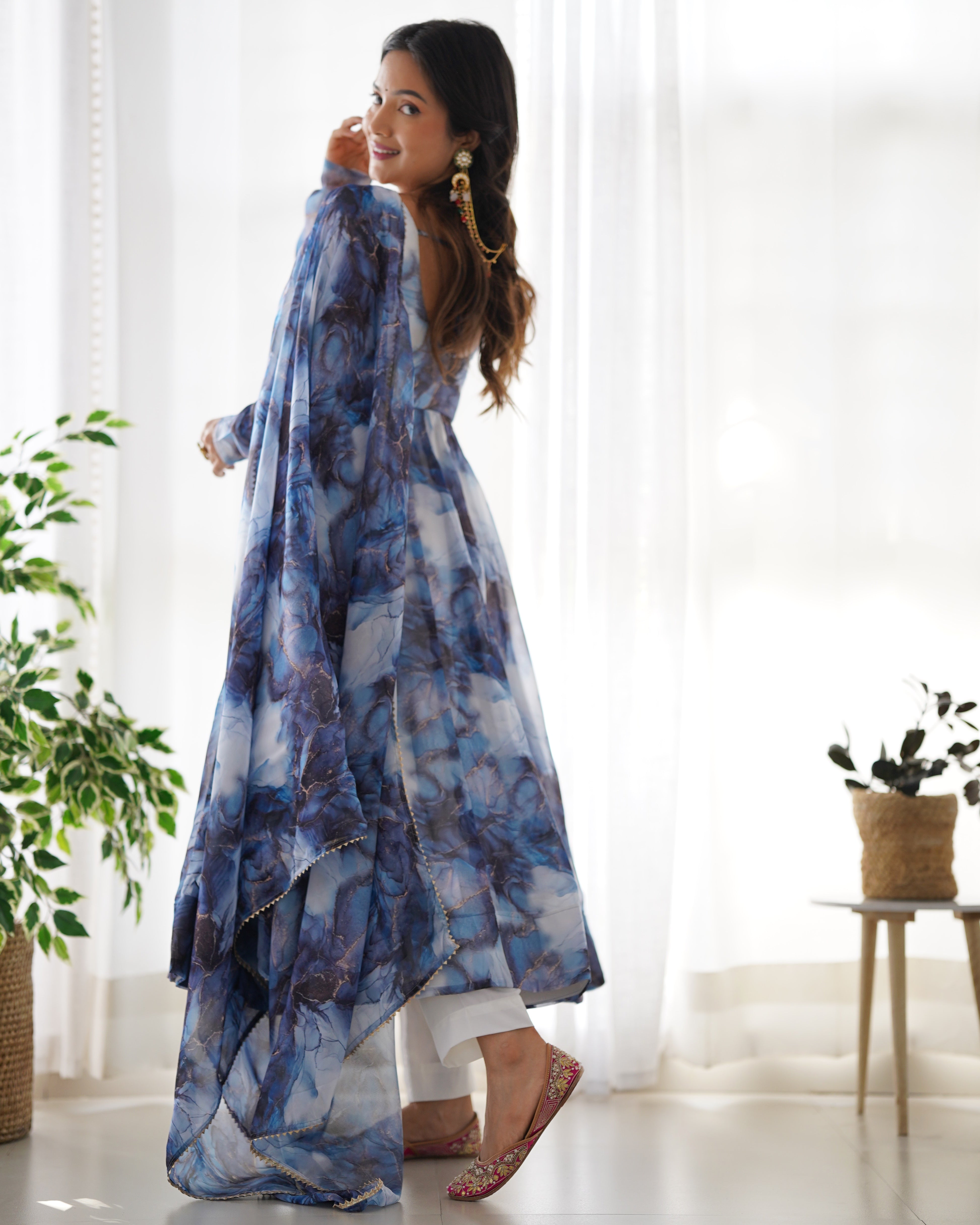 Digitally Printed Pure Organza Silk Marble Print Design Comes With Duppatta & Pant - NAVY
