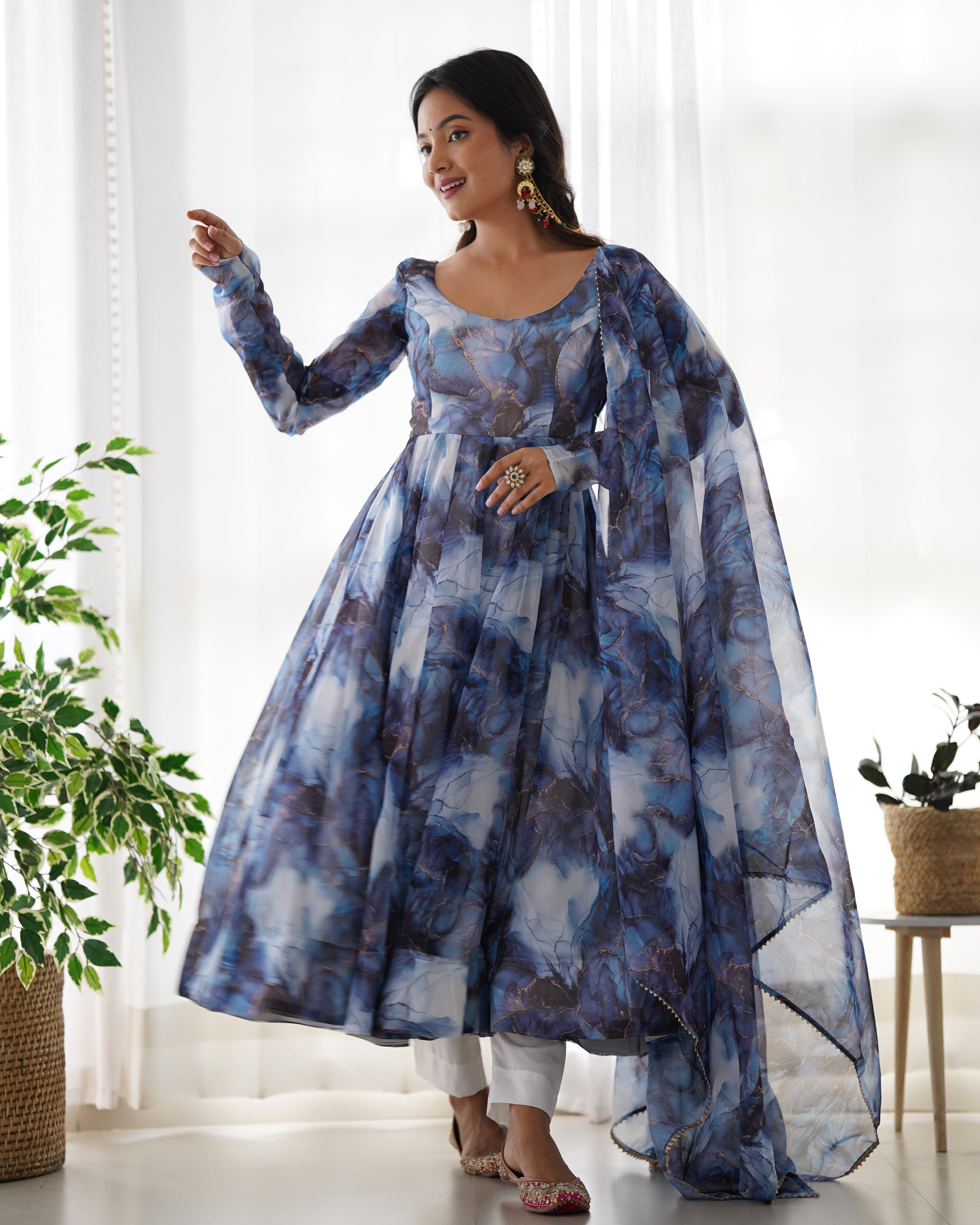 Digitally Printed Pure Organza Silk Marble Print Design Comes With Duppatta & Pant - NAVY
