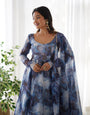 Digitally Printed Pure Organza Silk Marble Print Design Comes With Duppatta & Pant - NAVY
