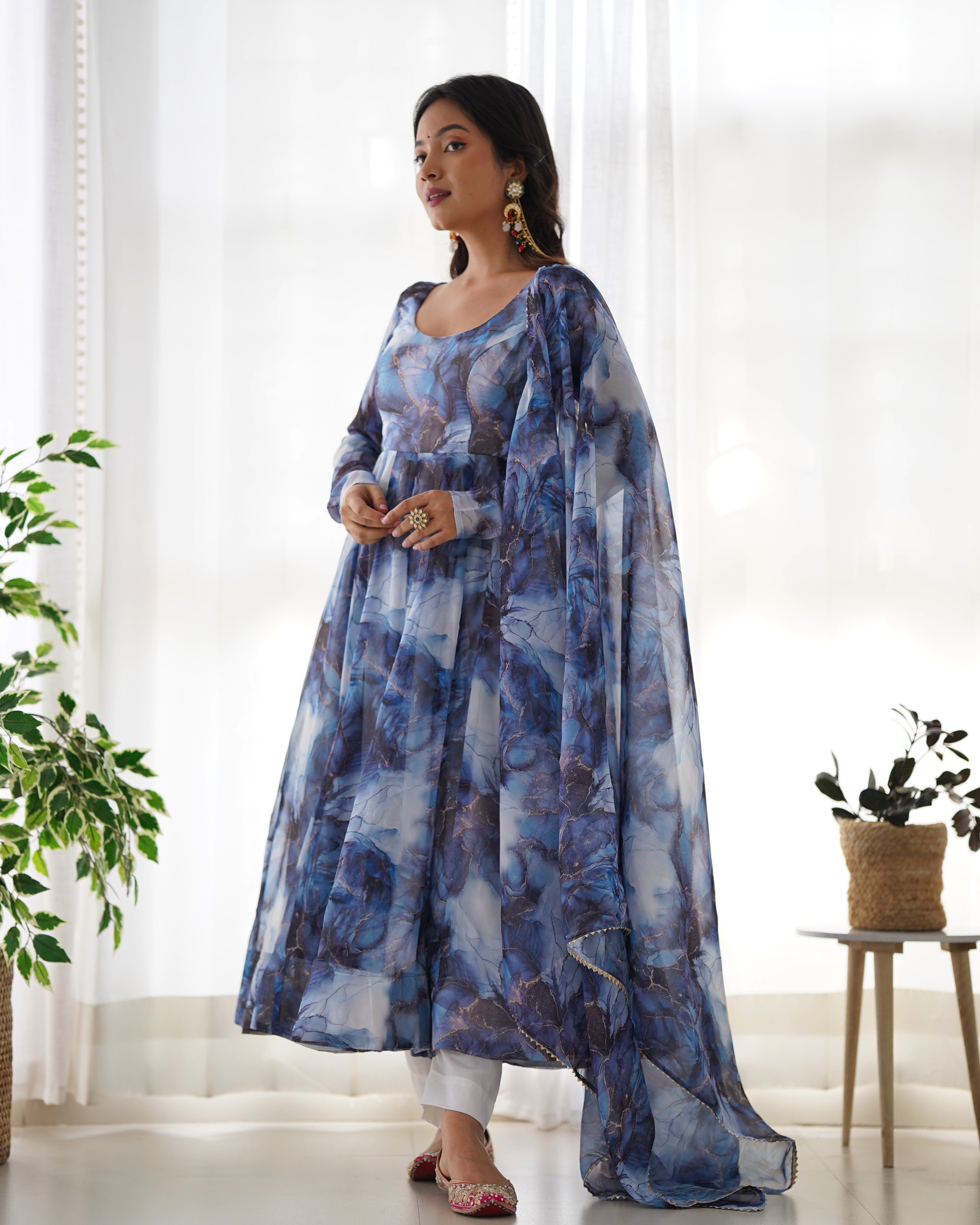 Digitally Printed Pure Organza Silk Marble Print Design Comes With Duppatta & Pant - NAVY
