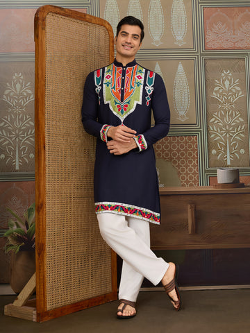 Navy Blue Embroidered Festival Wear Kurta for Men