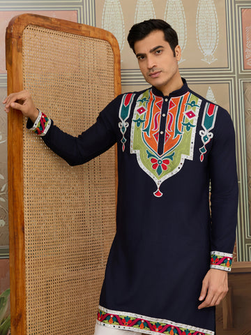 Navy Blue Embroidered Festival Wear Kurta for Men
