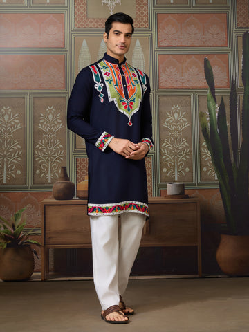 Navy Blue Embroidered Festival Wear Kurta for Men
