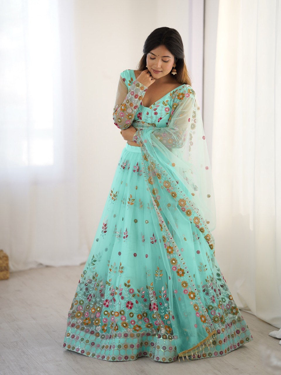 Premium Soft Net with Coding Dori with Thread & Sequence work Lehenga Choli Set
