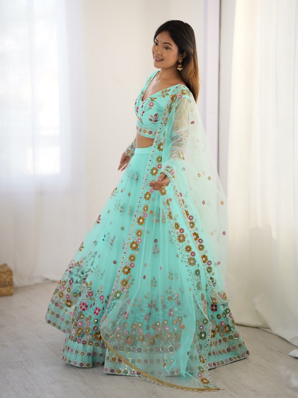 Premium Soft Net with Coding Dori with Thread & Sequence work Lehenga Choli Set
