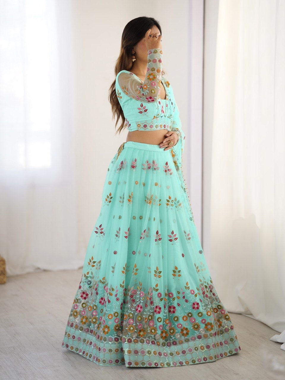 Premium Soft Net with Coding Dori with Thread & Sequence work Lehenga Choli Set
