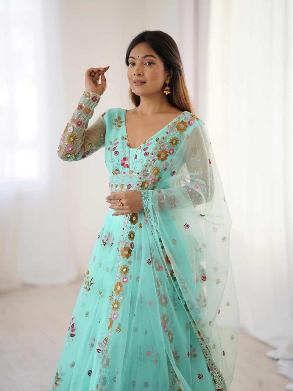 Premium Soft Net with Coding Dori with Thread & Sequence work Lehenga Choli Set
