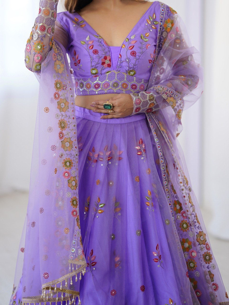 Premium Soft Net with Coding Dori with Thread & Sequence work Lehenga Choli Set
