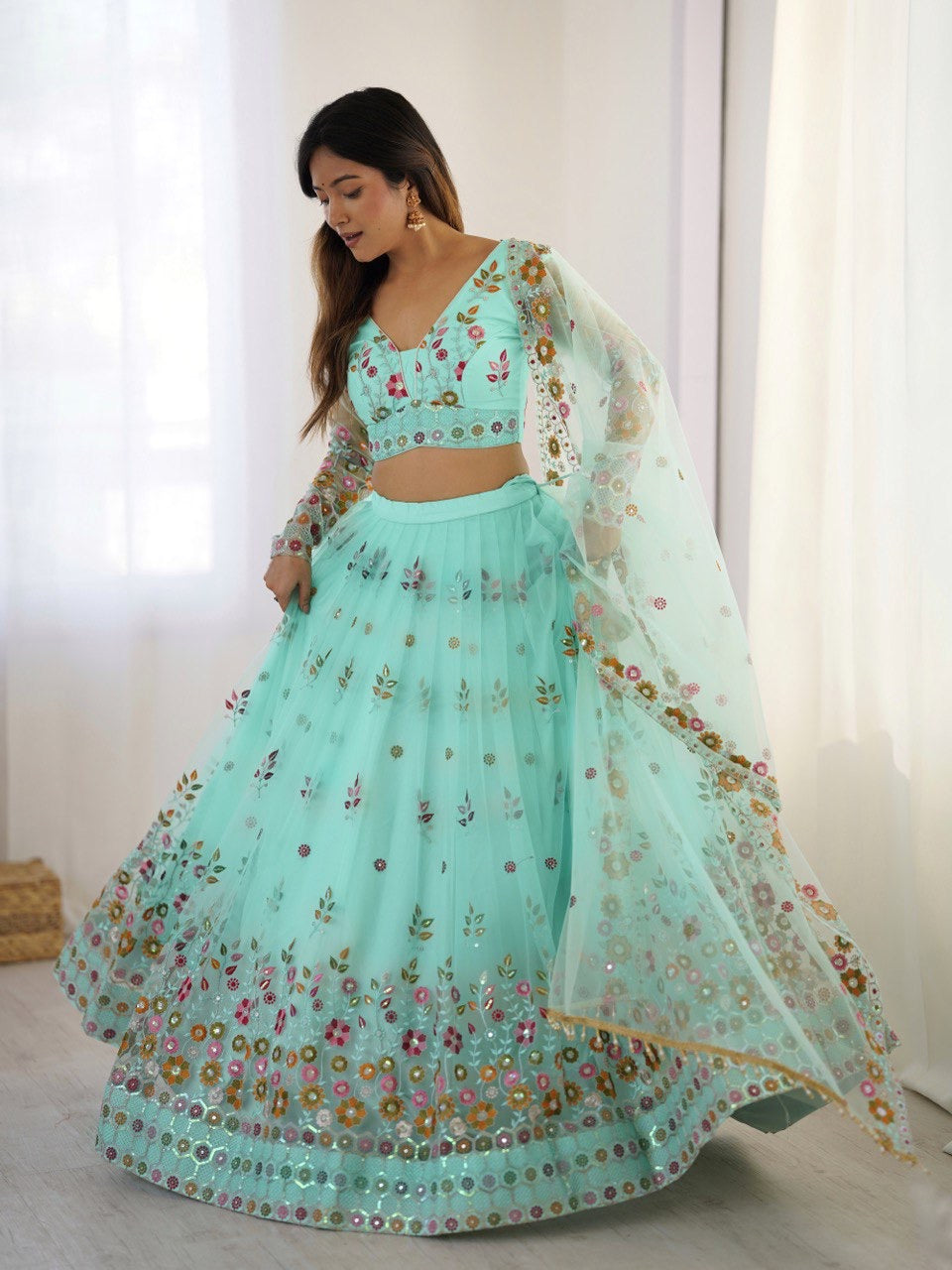 Premium Soft Net with Coding Dori with Thread & Sequence work Lehenga Choli Set
