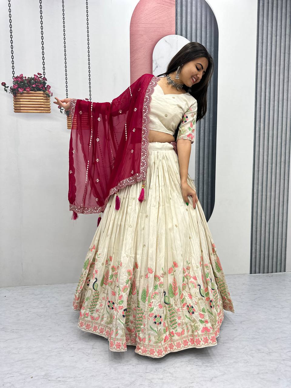 Off-White Tissue Silk Embroidered Lehenga Choli with Dupatta