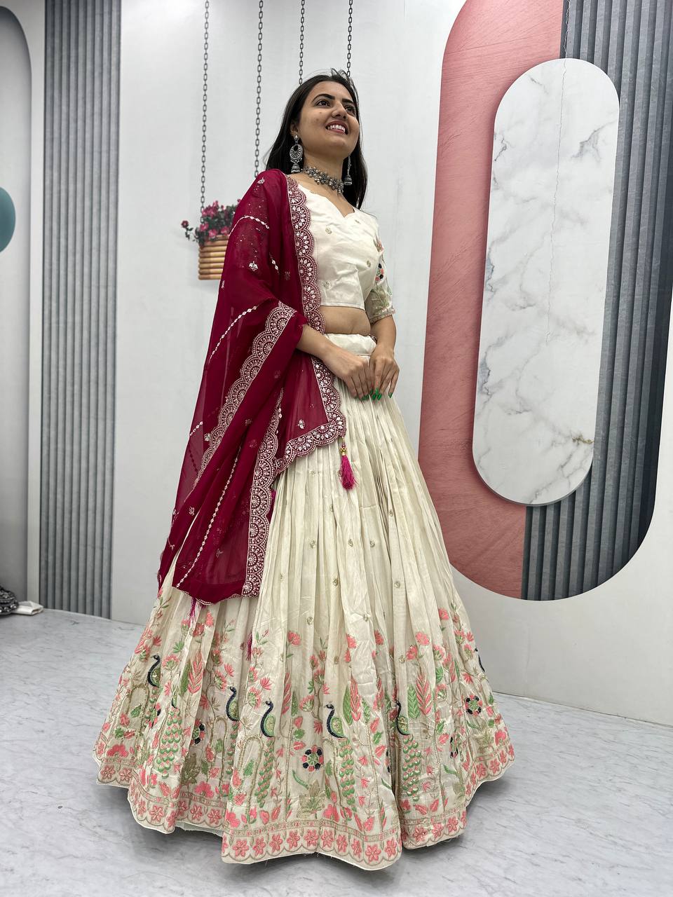 Off-White Tissue Silk Embroidered Lehenga Choli with Dupatta