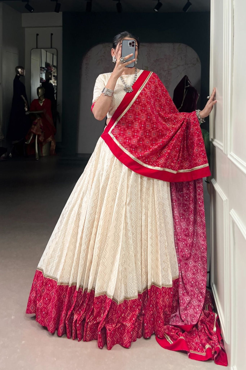 Off White Cotton Designer Zigzag And Bandhej Printed Beautiful Navratri Lehenga Choli