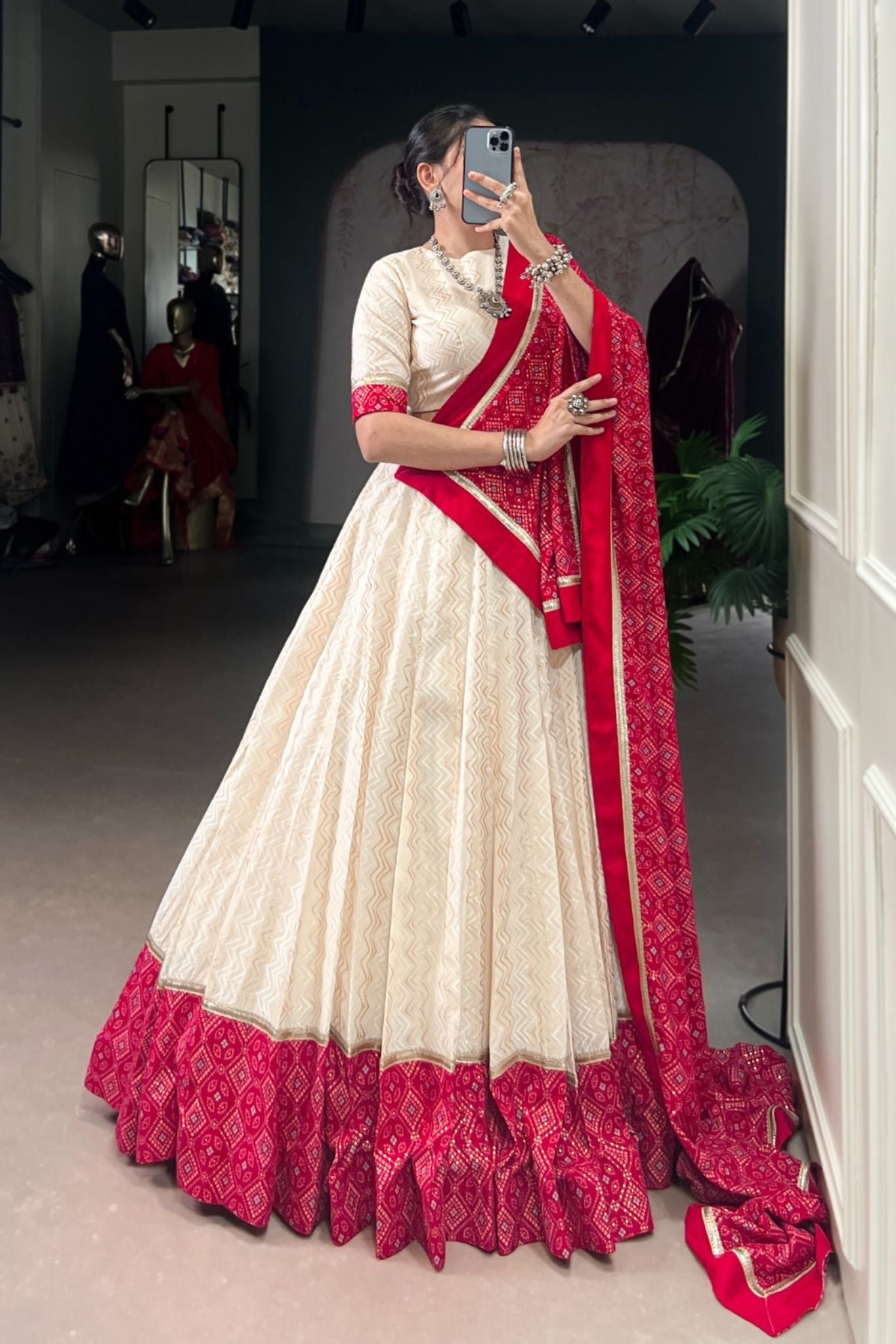 Off White Cotton Designer Zigzag And Bandhej Printed Beautiful Navratri Lehenga Choli