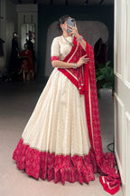 Off White Cotton Designer Zigzag And Bandhej Printed Beautiful Navratri Lehenga Choli
