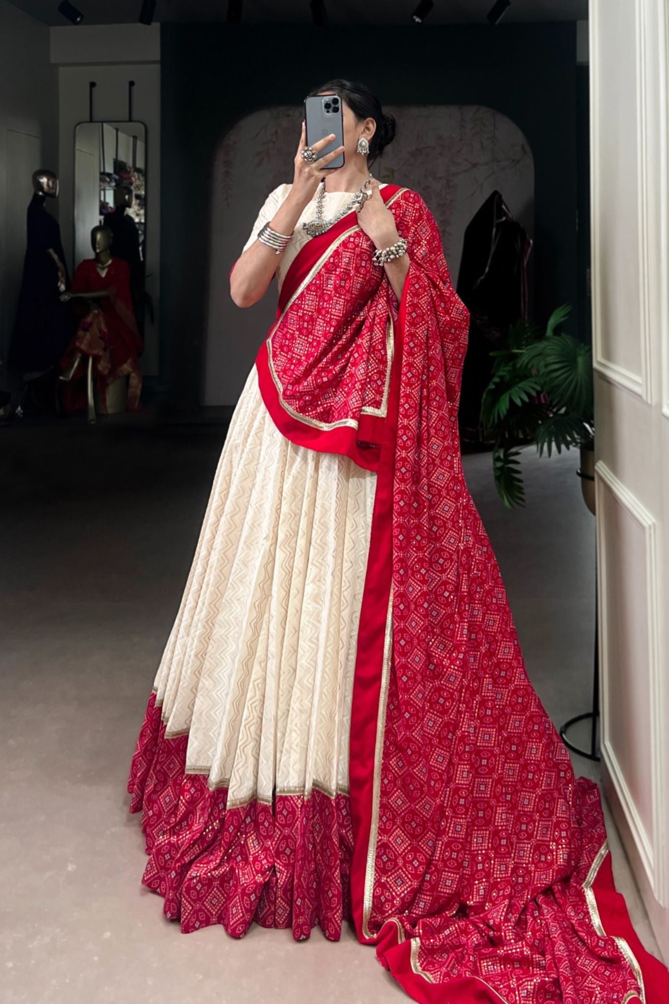 Off White Cotton Designer Zigzag And Bandhej Printed Beautiful Navratri Lehenga Choli