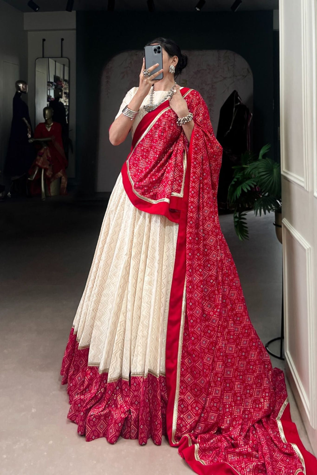 Off White Cotton Designer Zigzag And Bandhej Printed Beautiful Navratri Lehenga Choli