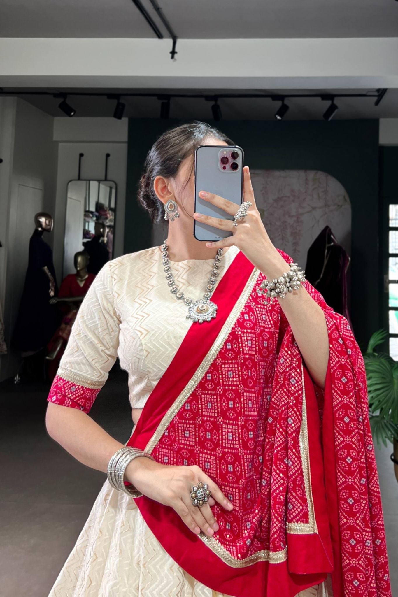 Off White Cotton Designer Zigzag And Bandhej Printed Beautiful Navratri Lehenga Choli