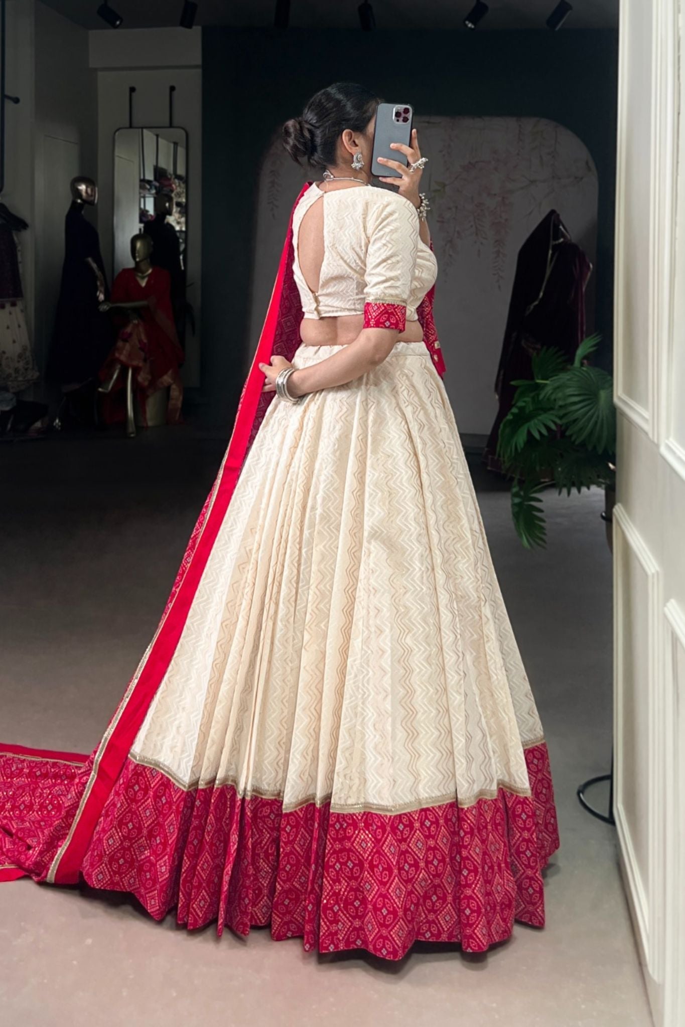 Off White Cotton Designer Zigzag And Bandhej Printed Beautiful Navratri Lehenga Choli