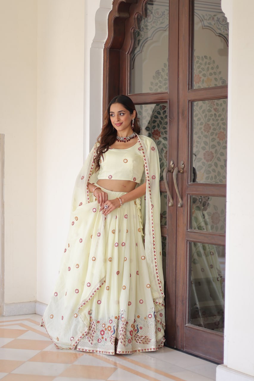 Stunning Off White Multi Embroidered Lehenga Choli Set With Dupatta