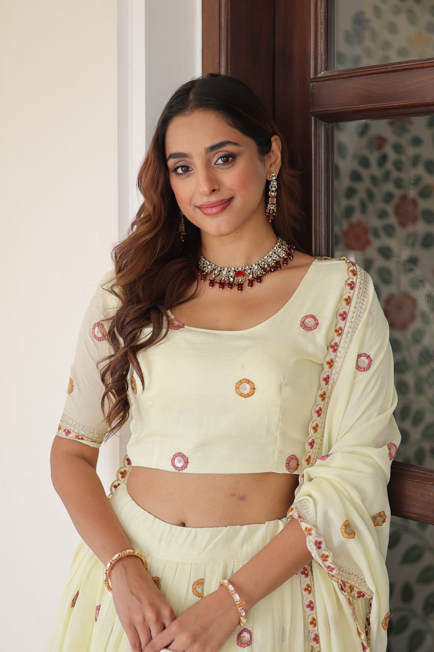 Stunning Off White Multi Embroidered Lehenga Choli Set With Dupatta