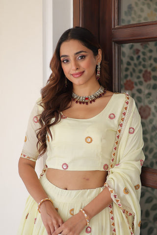 Stunning Off White Multi Embroidered Lehenga Choli Set With Dupatta