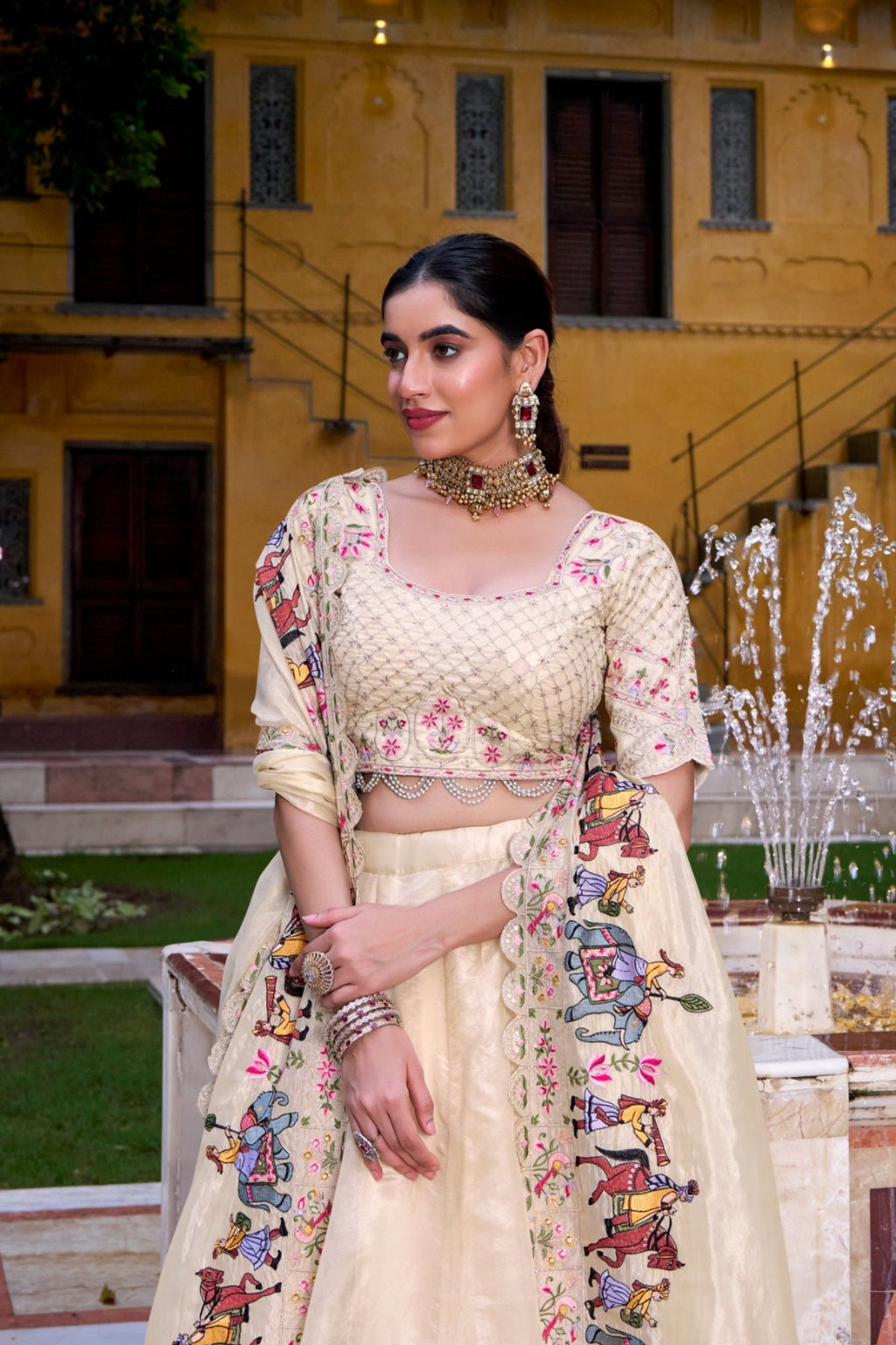 Off White Raspberry Sequins Tread Embroidery Perfect Festive Twirls Lehenga Choli