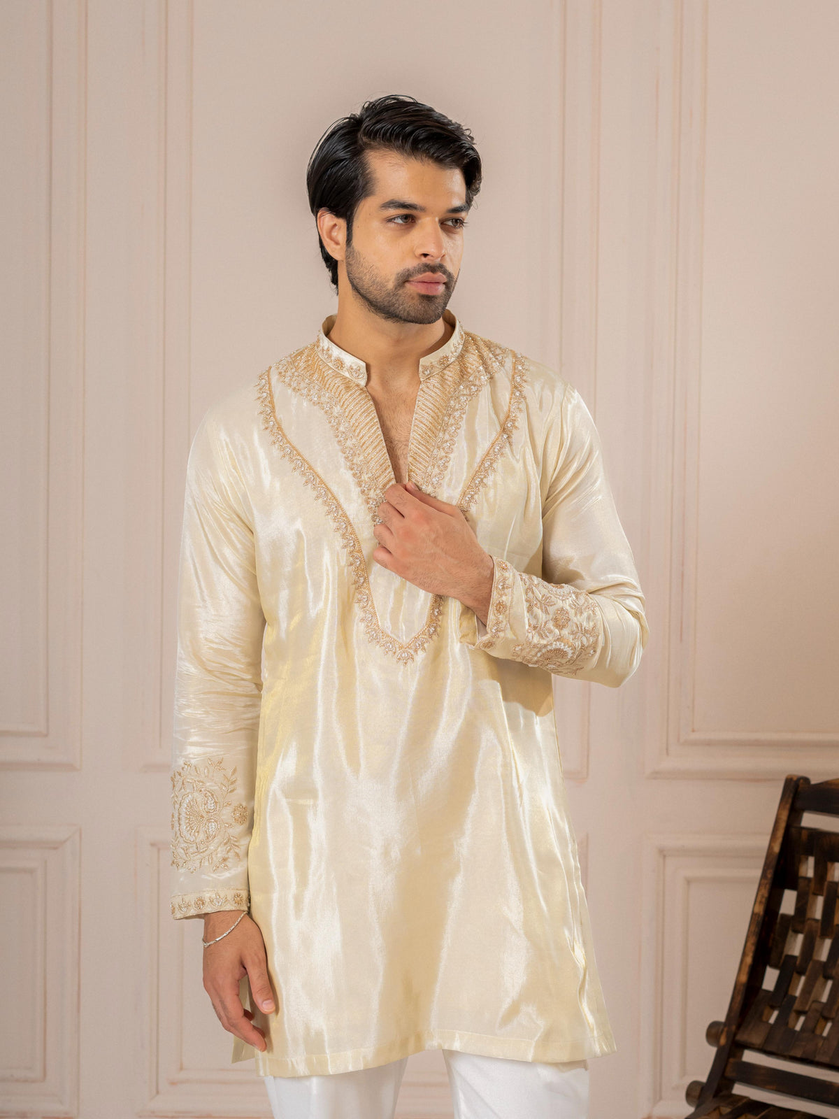 Off White Viscose Silk Embroidered Kurta Set | Tulip Designer
