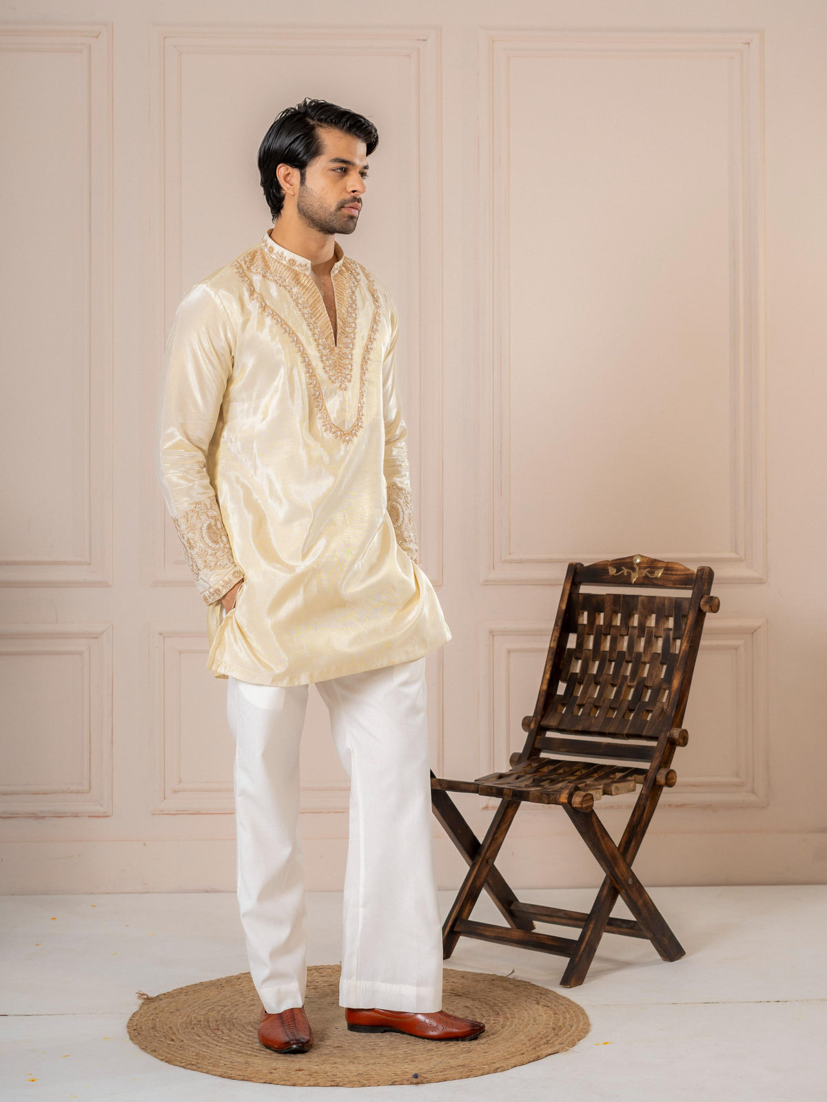 Off White Viscose Silk Embroidered Kurta Set | Tulip Designer
