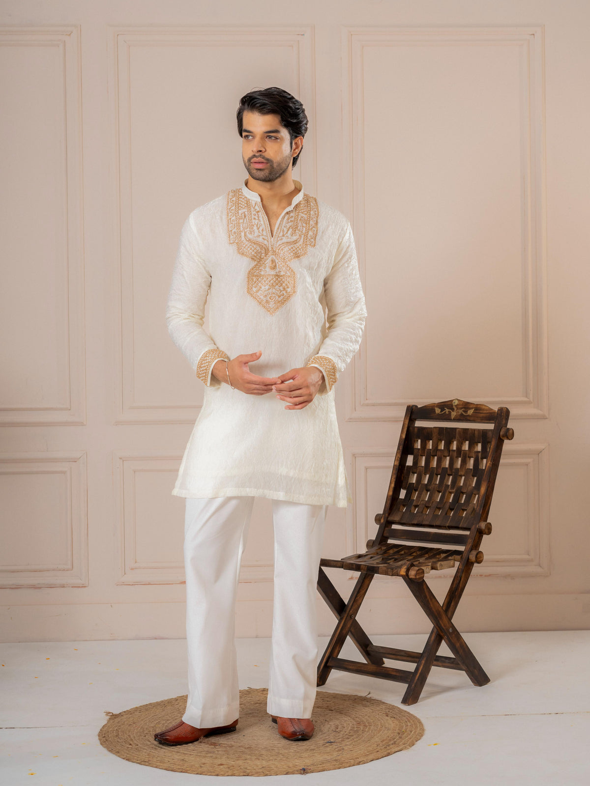 Off White Crush Kurta For Men | Tulip Designer
