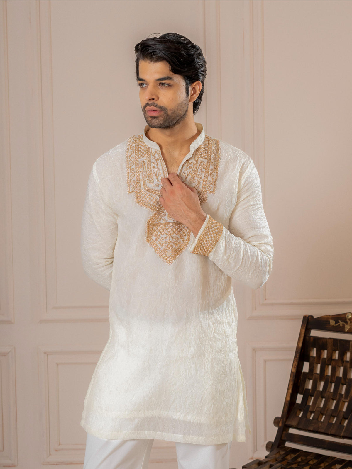 Off White Crush Kurta For Men | Tulip Designer
