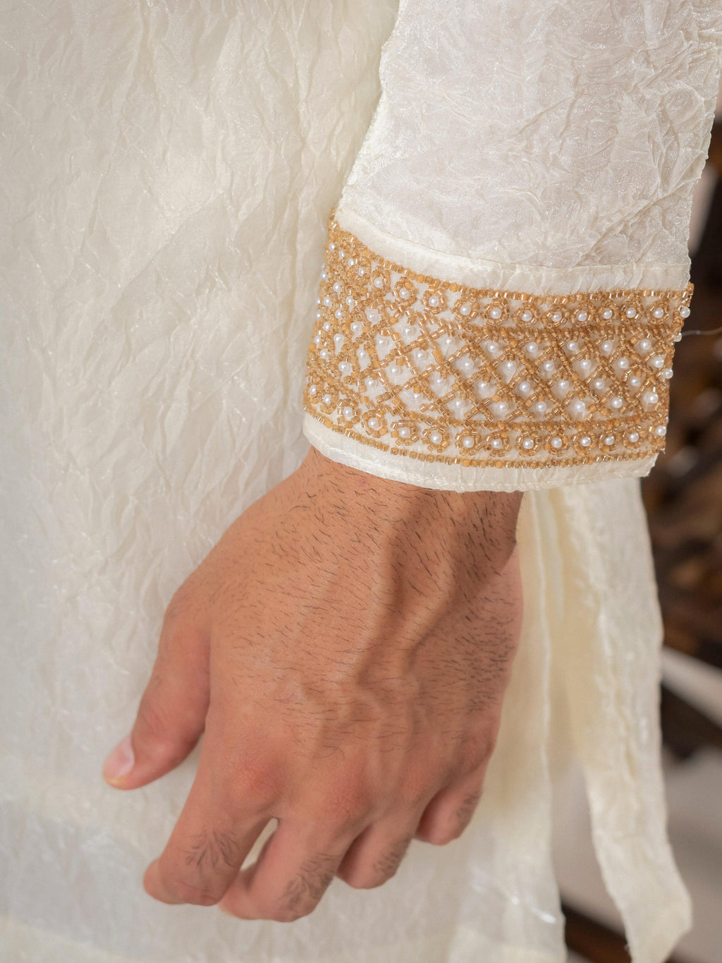 Off White Crush Kurta For Men | Tulip Designer
