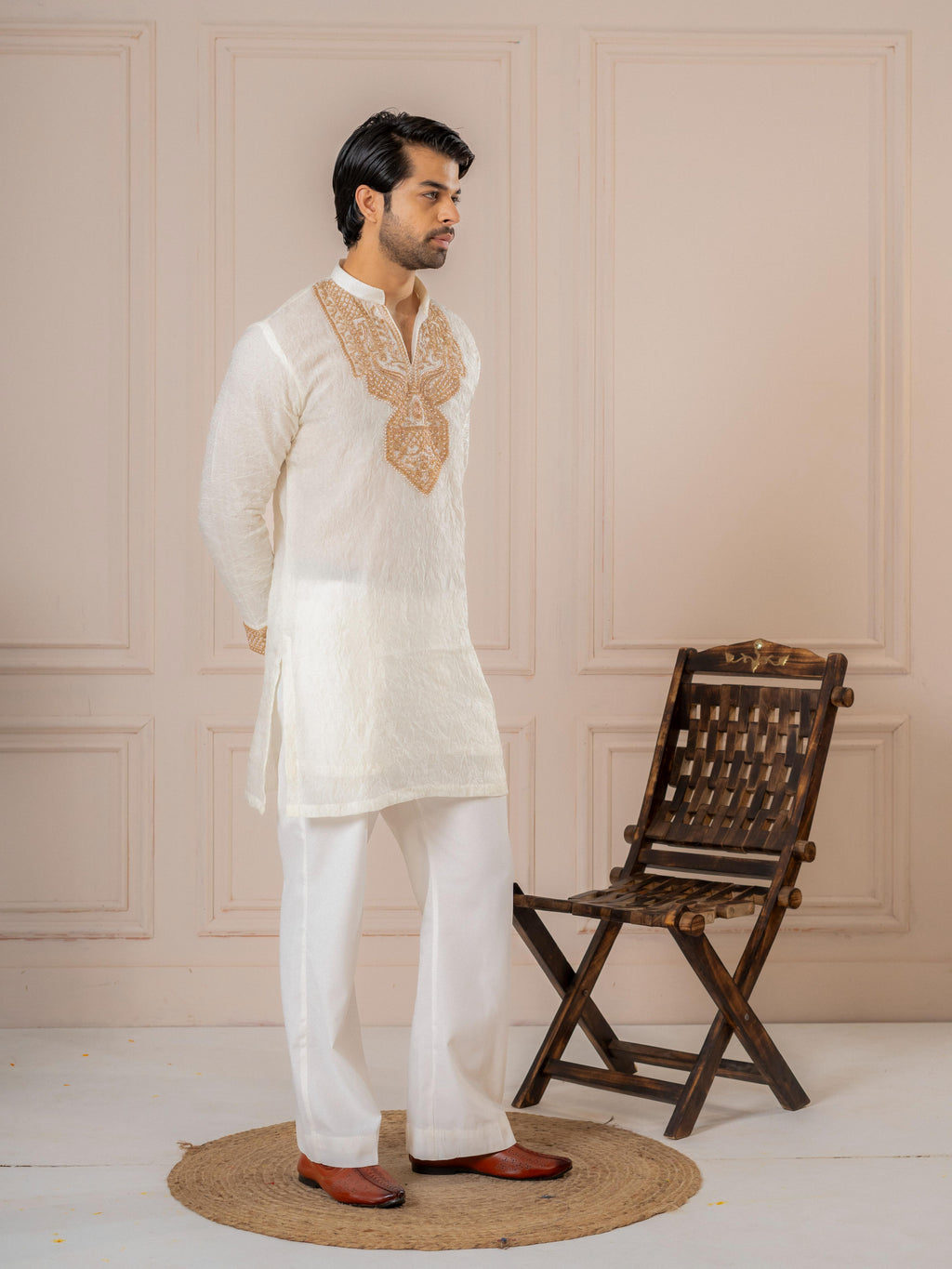 Off White Crush Kurta For Men | Tulip Designer
