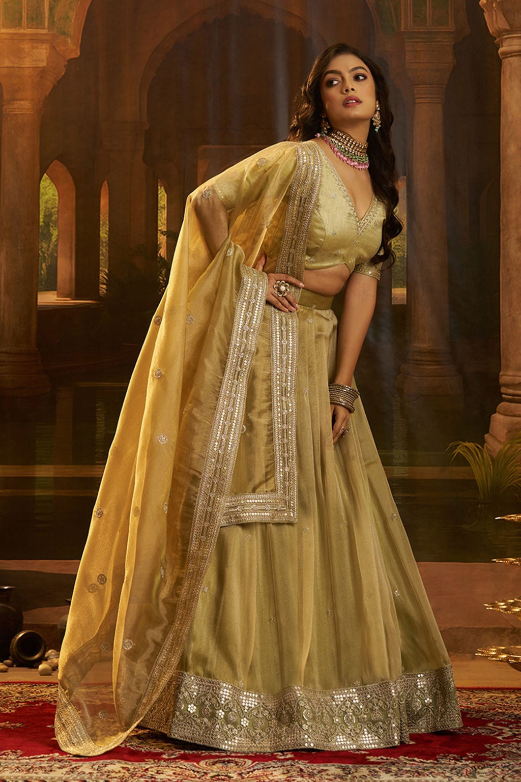 Premium Olive Green Hiranya Silk Lehenga Set Featuring Art Silk Blouse And Detailed Embroidered Dupatta