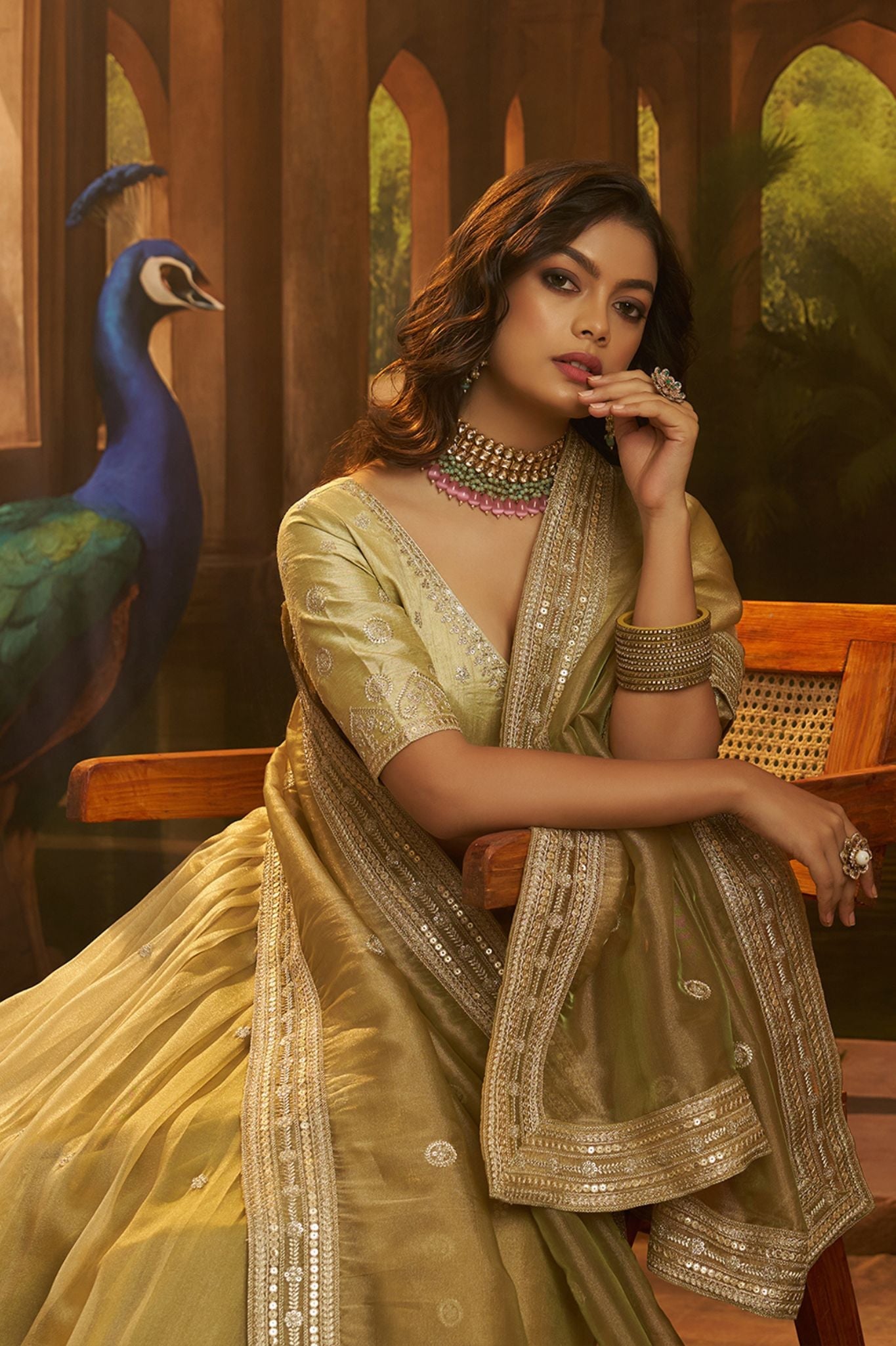 Premium Olive Green Hiranya Silk Lehenga Set Featuring Art Silk Blouse And Detailed Embroidered Dupatta