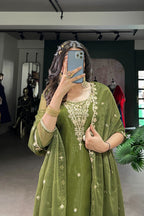Olive Green Gold Coin Sequins Tread Embroidery Work Ethnic Dress