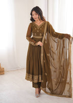 Olive Brown Georgette Embroidered Anarkali Set | Tulip Designer
