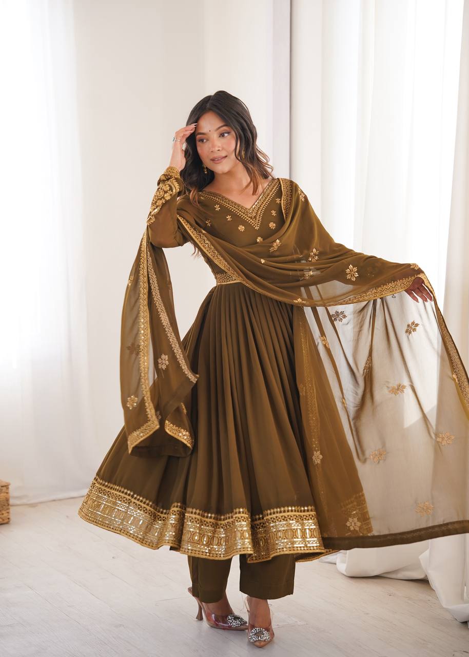 Olive Brown Georgette Embroidered Anarkali Set | Tulip Designer
