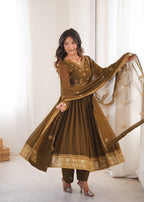Olive Brown Georgette Embroidered Anarkali Set | Tulip Designer
