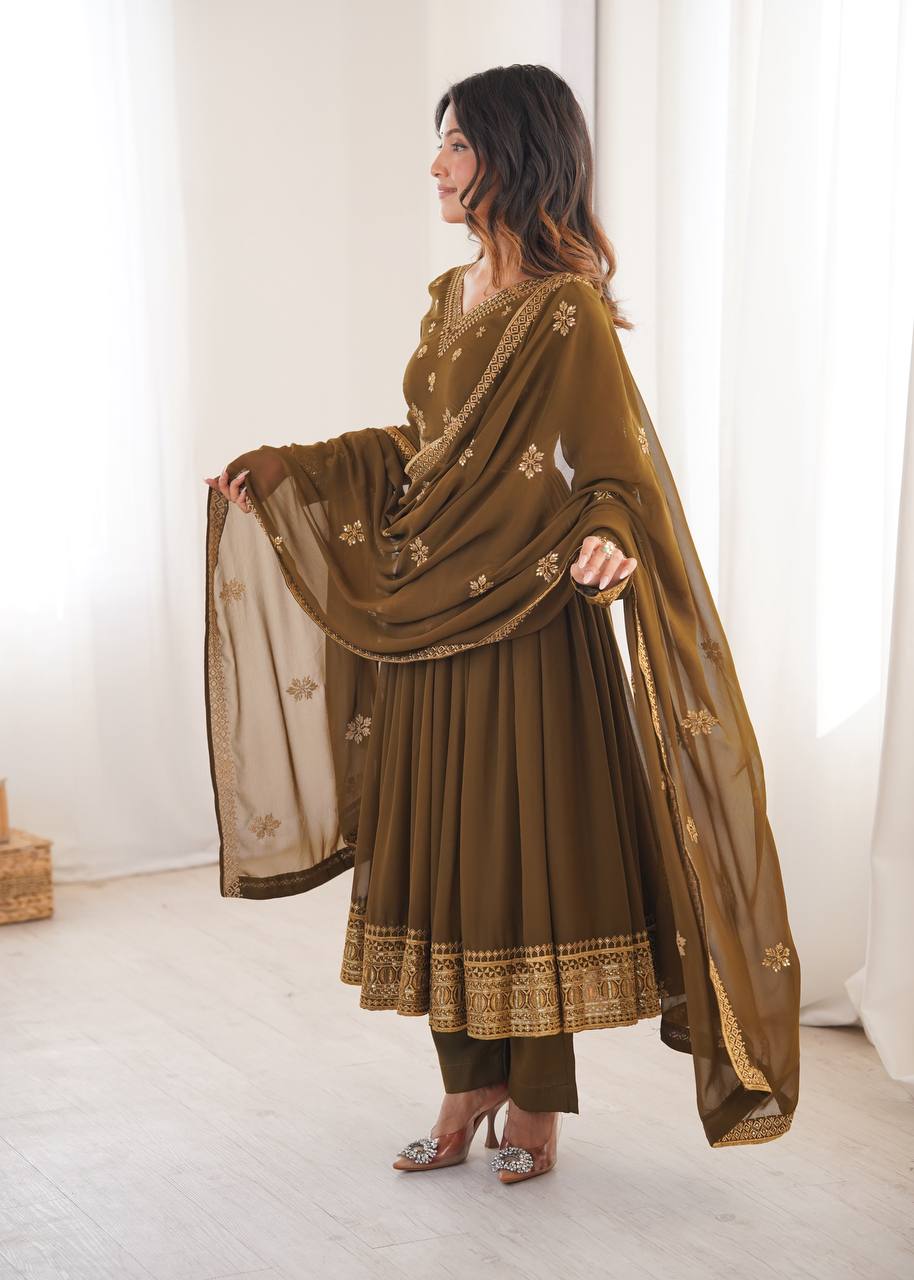 Olive Brown Georgette Embroidered Anarkali Set | Tulip Designer
