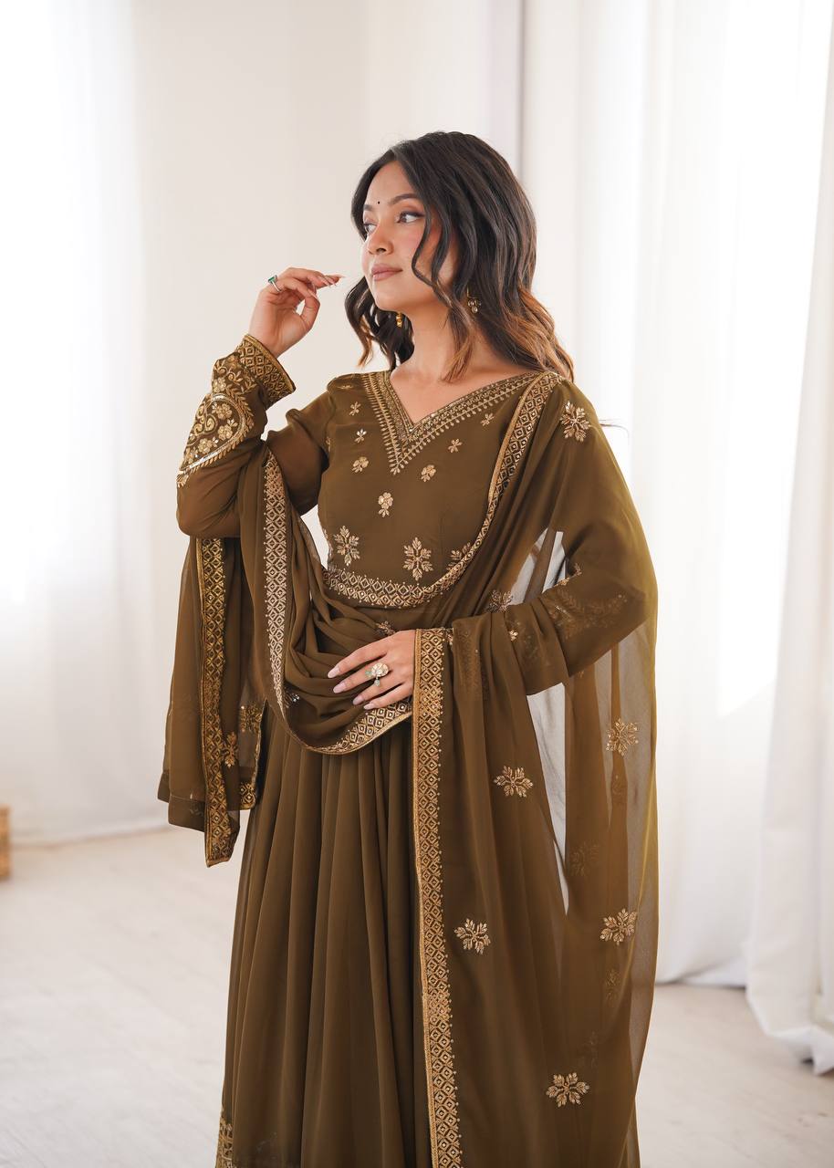 Olive Brown Georgette Embroidered Anarkali Set | Tulip Designer
