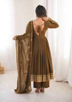 Olive Brown Georgette Embroidered Anarkali Set | Tulip Designer
