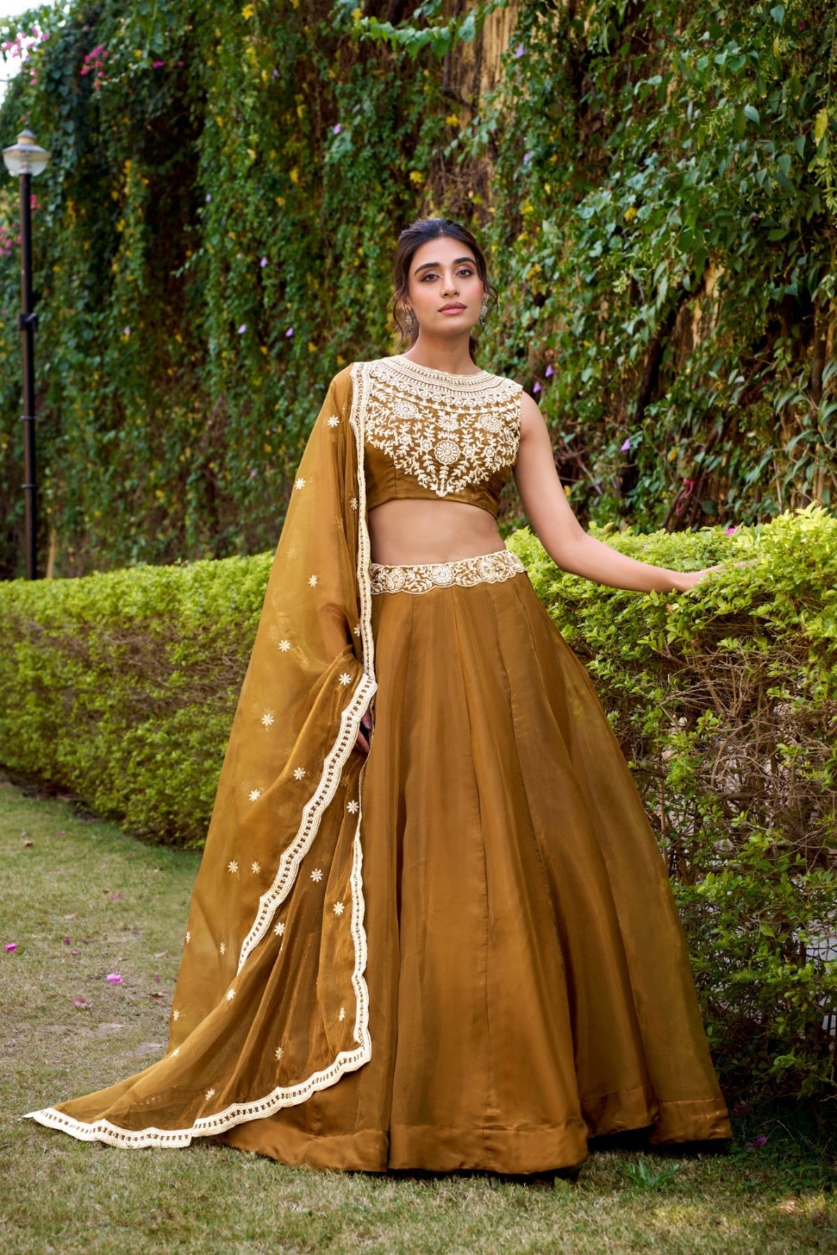Modern Royalty Olive Chanda Silk Lehenga Set With Refined Thread Artistry