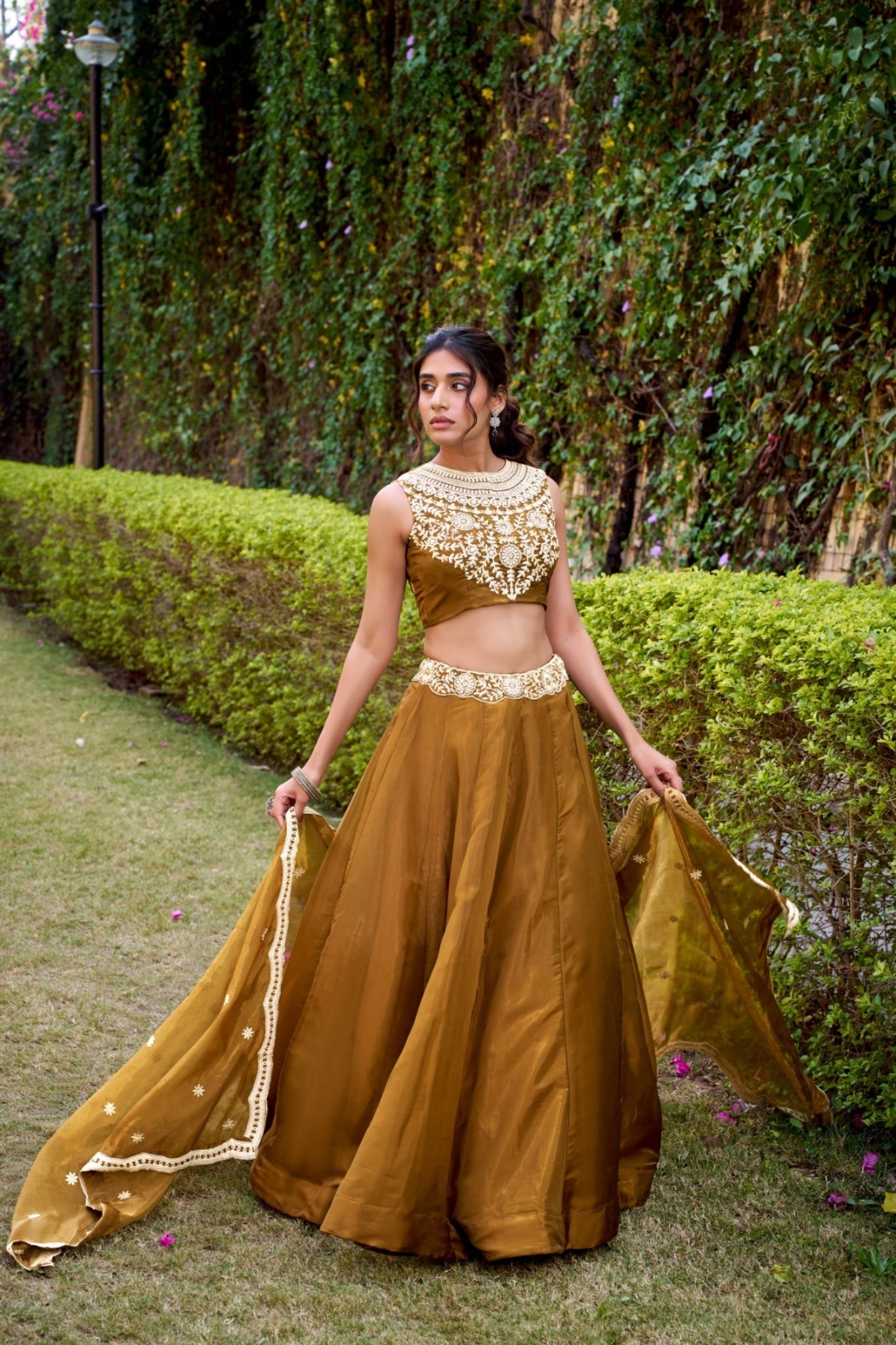 Modern Royalty Olive Chanda Silk Lehenga Set With Refined Thread Artistry