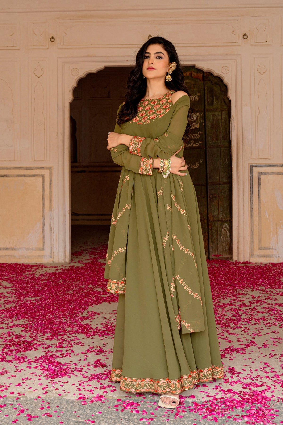 Olive Royale Embroidered Georgette Anarkali Set
